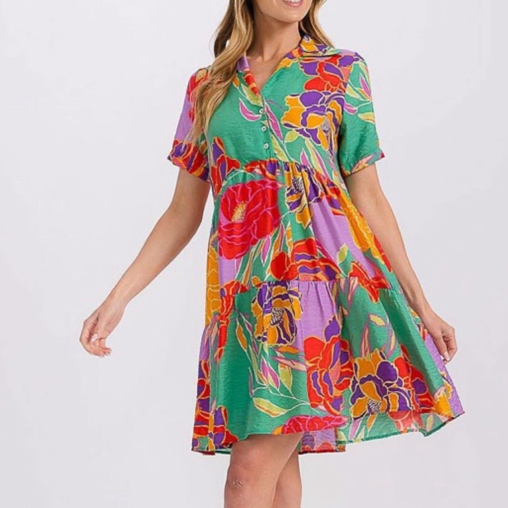 Les Amis Floral‎ Multicolor Button-Up Tiered Flowy Mini Dress
